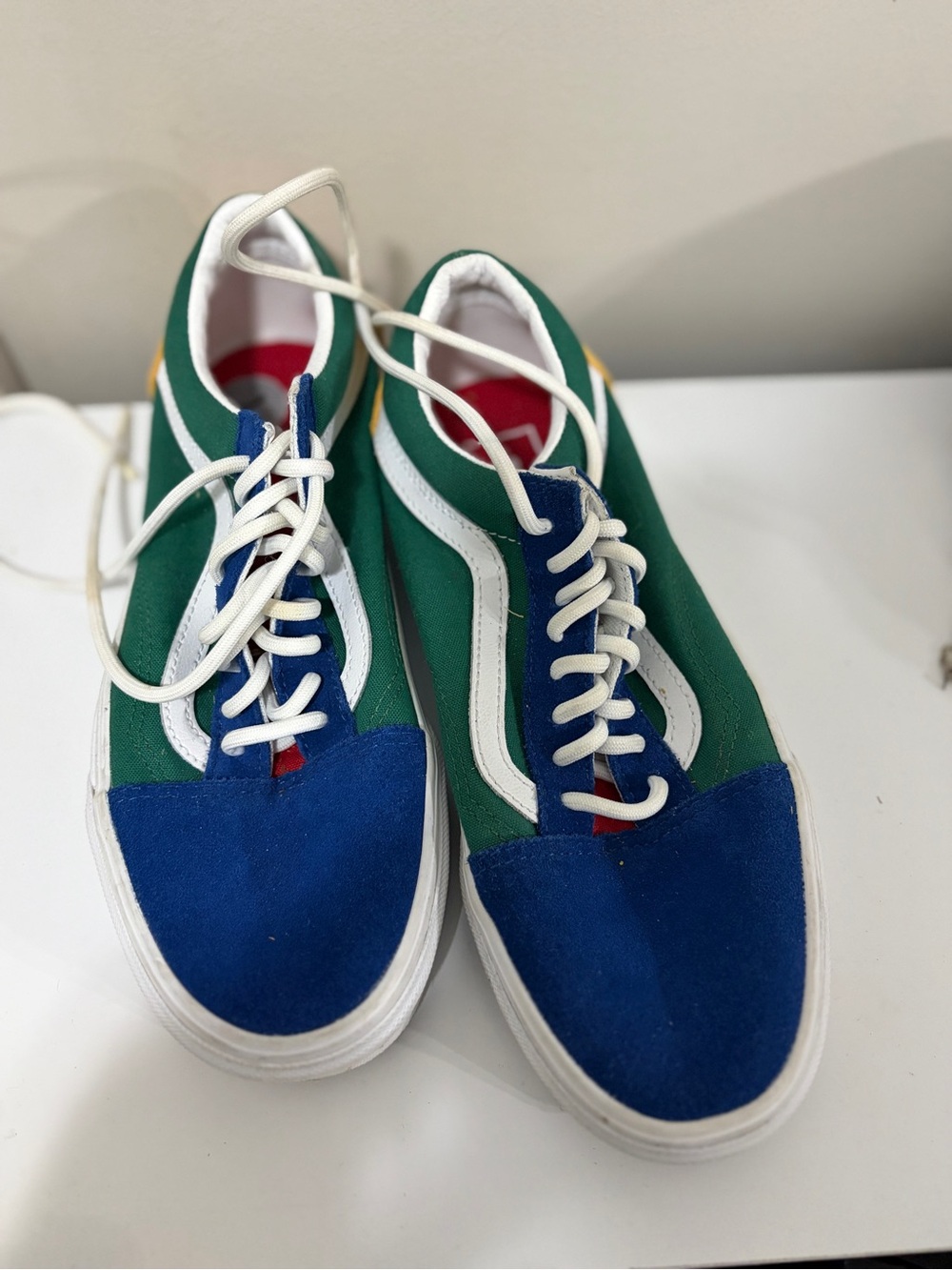 Vans Old Skool Sneakers — Green, Blue Yellow, & White with Red Accent